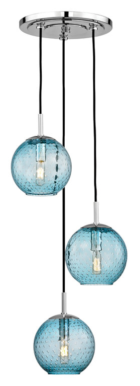 Rousseau 3 Light Chandelier, Aged Brass, Blue