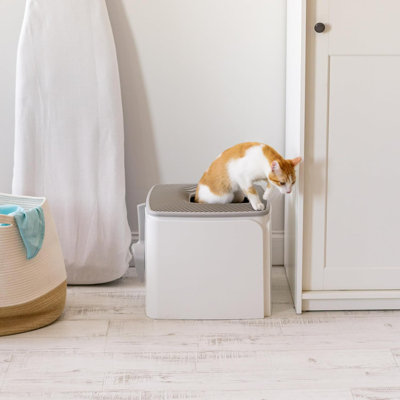 Top-Entry Litter Box with Scoop, Enclosed Square Style Litterbox with Odour Control, Easy to Clean for Cats, Covered Dog Proof Litter Box Design, White/Grey