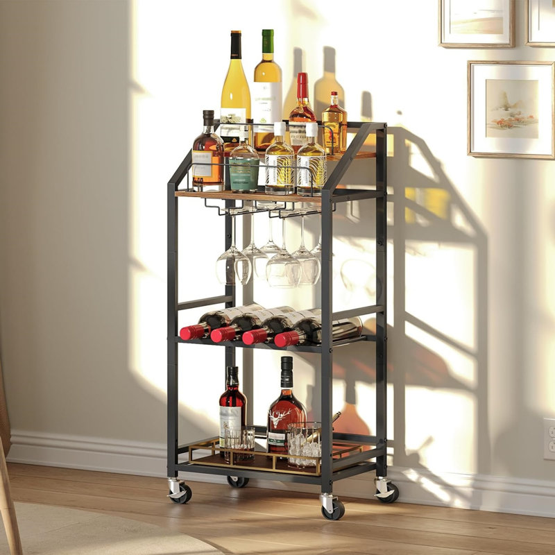 Chariot-bar avec tablette en miroir, roues