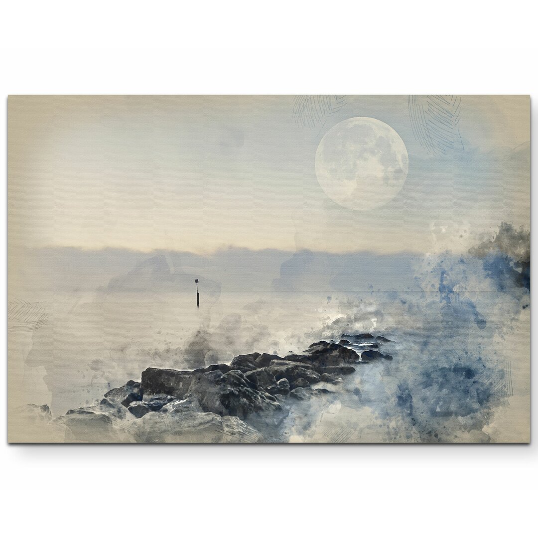 Leinwandbild Landschaftsbild mit Mond, Bergen und See