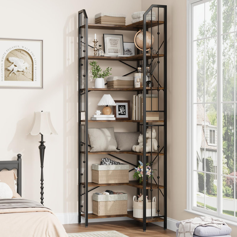 l-Shaped Corner Bookshelf, 5/7-Tier Tall Bookcase, Industrial Storage Display Shelves for Living Room, Home Office, Brown