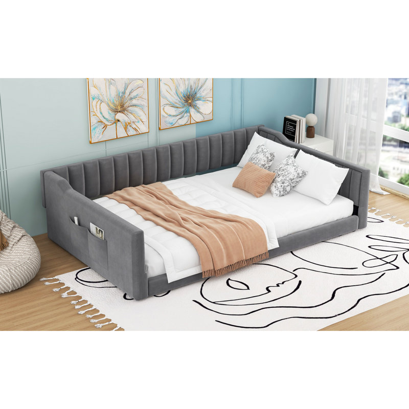 Full Xl Sized Daybed With Gray Upholstery And Side Pocket - Versatile For Daily Use No Box Spring Easy Assembly Guide Velvet In Storage Fits Perfectly Small Spaces Required Installation