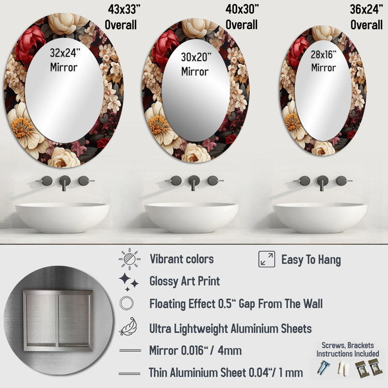Treport - Miroir mural ovale rose, H 40 po x l 30 po