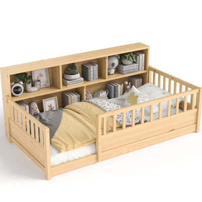 Natural Wood Twin Bed With 21.4-inch Fence Panel And Storage, Bedroom Comfort Floor Gap Private Space, Color, Pine Plywood, Furniture