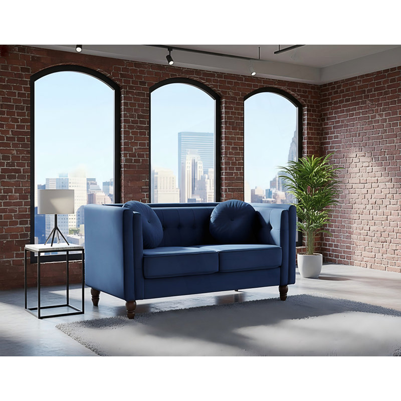 Causeuse Chesterfield, canapé 2 places, canapé capitonné à accoudoirs carrés avec pieds fuselés, Deep Blue Velvet