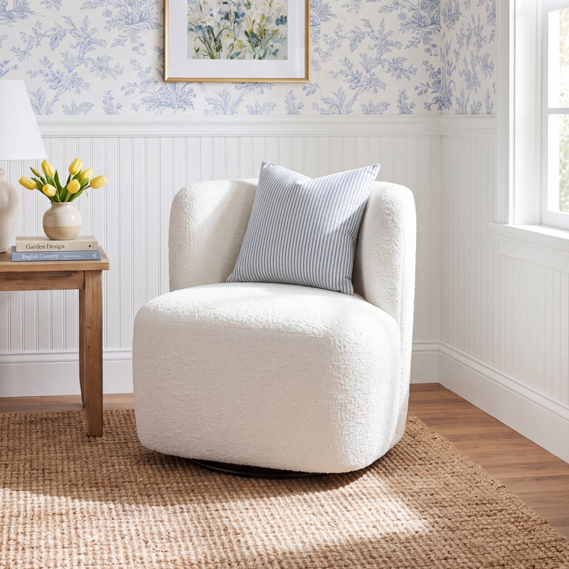 Mariza Upholstered Swivel Accent Chair, Classic Snow Boucle