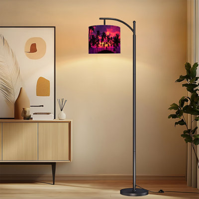 Lampe sur pied à arc avec abat-jour réglable Cocotiers tropicaux, plage, île, coloré, coucher de soleil, lampe sur pied, 3 températures de couleur, intensité variable, grand lampadaire avec interrupteur au pied pour la chambre à coucher