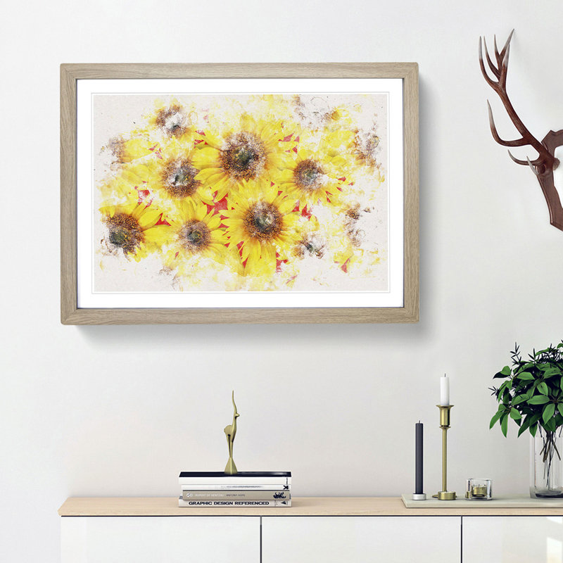 Wall Of Yellow Sunflowers - Single Picture Frame Print on MDF, Oak, 62cm H x 87cm W x 2cm D