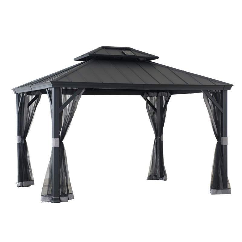 10x12 Black Aluminum and Steel Hardtop Gazebo with Solar Panel and Netting