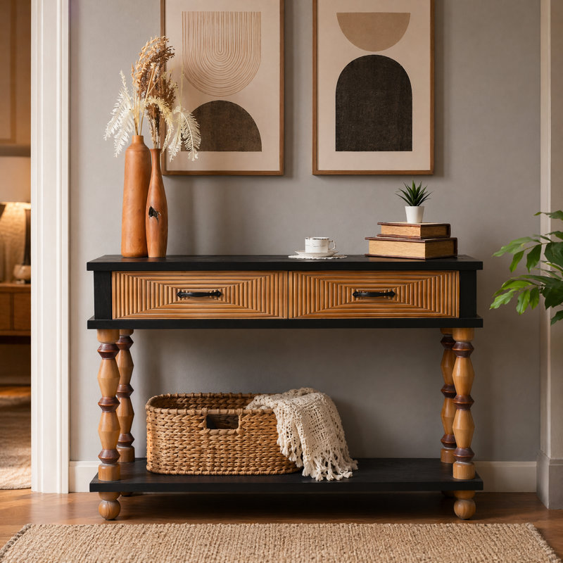 Console en bois massif 47,64 ", table d'entrée décorative rustique sculptée avec 2 tiroirs