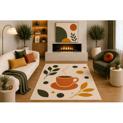 Tapis ultra-moderne 5 pi x 7 pi «Ultra Léger» vert forêt, moutarde, beige, boucle abstraite pour salon, chambre, salle à manger, bureau, antidérapant, envers en silicone à poils courts