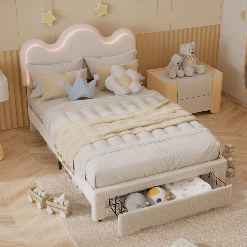 Boucle Bed Frame with Flower Headboard Upholstered Princess Bed Frame, White, Queen