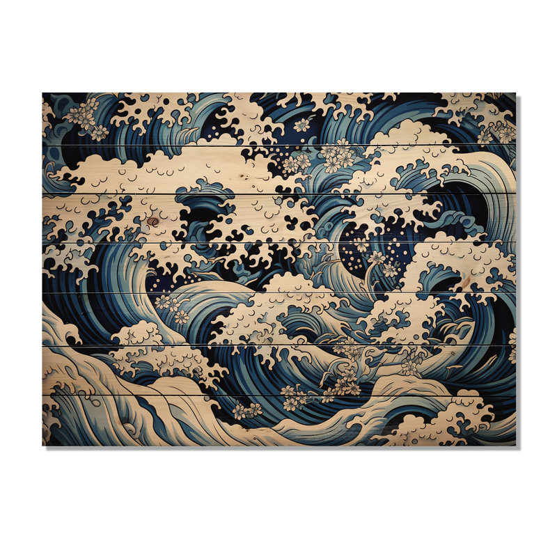 Vagues japonaises dans une tempête I - Tropical côtier sur bois, H 10 po x l 20 po x P 0,78 po