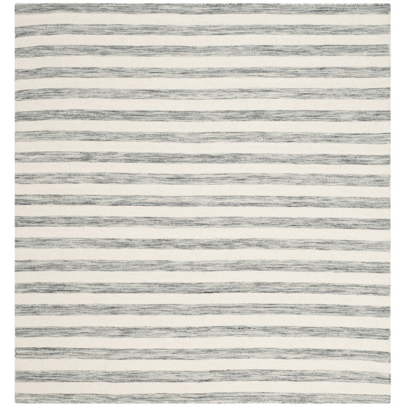Waukena Hand Woven Flat Weave Wool/Cotton Striped Rug in Ivory/Gray, Square 6'