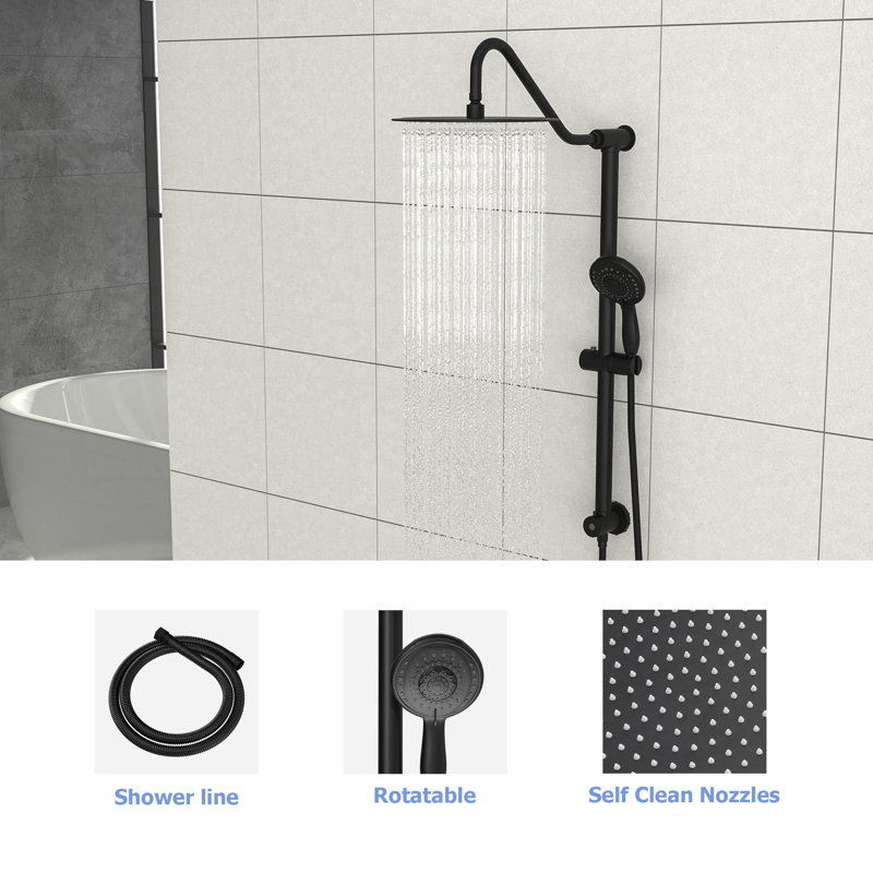 Système de douche 10 pouces noir mat. Barre coulissante de 26,3 po à 5 fonctions à main et à fixation murale. Installation facile. Pluie, massage, réglages de bulles. Inclut la tête, la douchette et le boyau. Nettoyer avec la buse. Système de garniture sans valve