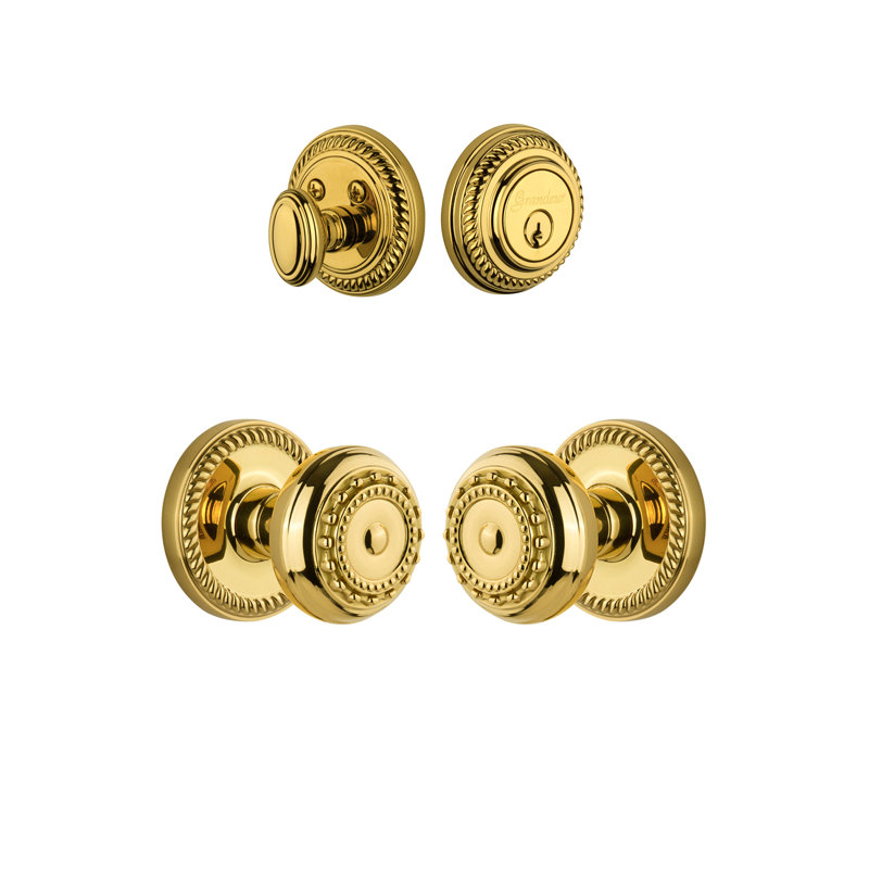 Ensemble d'entrée complet Newette Rosette avec pêne dormant cylindrique simple et bouton Parthénon, Laiton intemporel