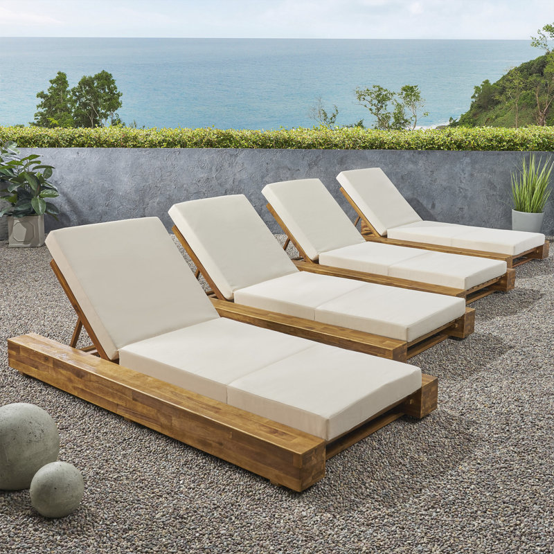 Tomalin Outdoor Wood Chaise Lounge, Sandblast Teak, Cream
