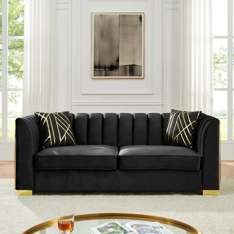 Canapé 81,1 pouces en velours capitonné avec 2 coussins, Noir