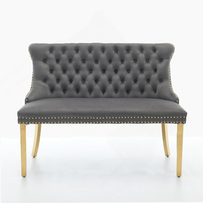 Banc de causeuse en velours double, sièges de cuisine et de salle à manger, banc capitonné à 2 places avec boutons faits à la main, dossier à oreilles, pieds en acier plaqué or, style Mid-Century moderne, paquet simple, gris
