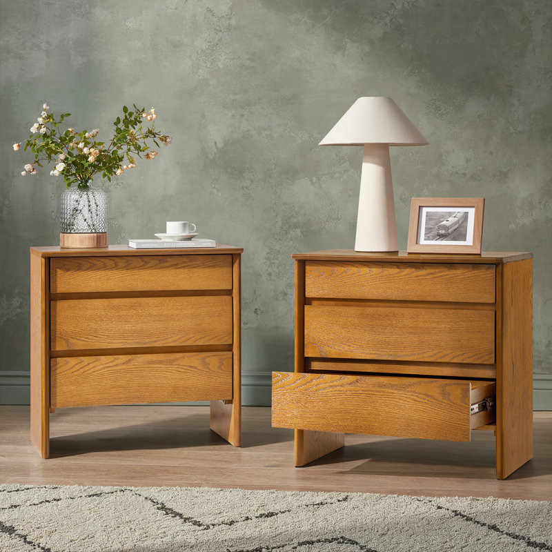 Jepson 24.25''W Fully Assembled Mid-century Modern 3 Soft-Close Drawers Nightstand with Built-In Outlets, Acorn