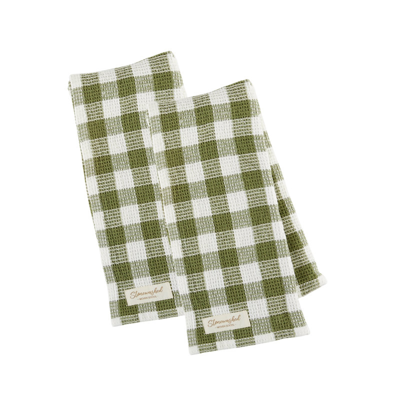  Ensemble de 2 serviettes de toilette gaufrées délavées, damier olive, Vert