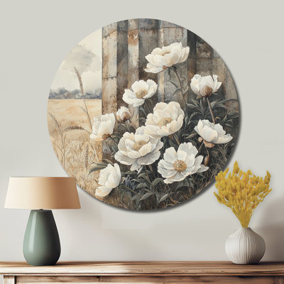 Winter Peonies By The Silo - Traditional White Metal Wall Decor Print