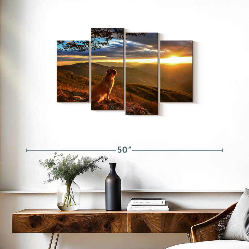 Chien regardant un lever de soleil sur toile 4 pièces, H 22 po x l 36 po x P 1 po