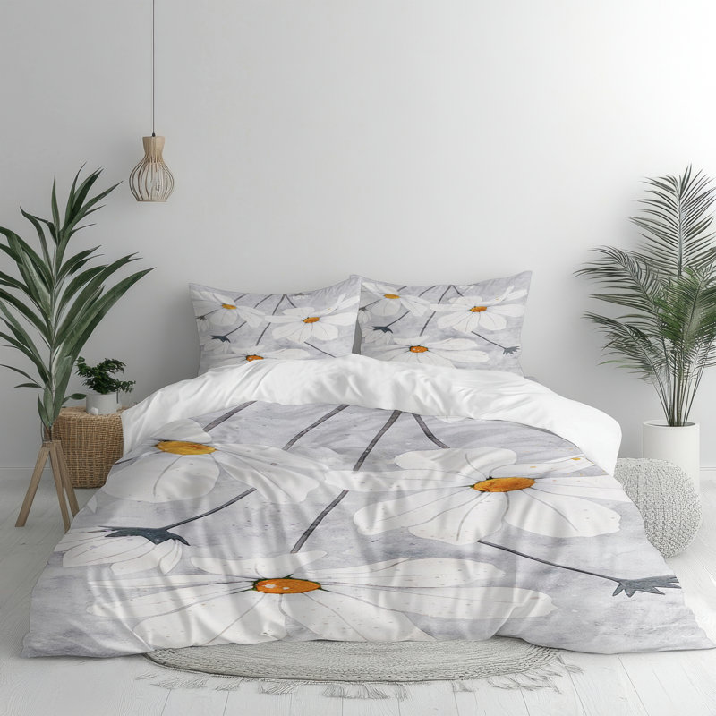 Daisy Floral Comforter Set, Gray/White Floral, King