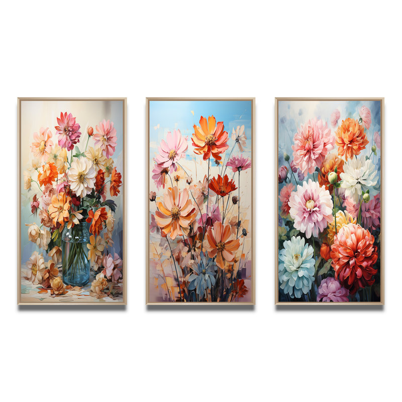 «Colorful Zinnias Romantic Impression», 3 pièces sur toile, Cadre naturel flottant, H 32 po x l 48 po