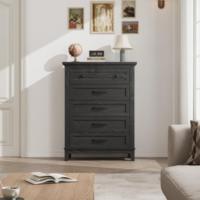Spacious Deep Storage 5-Drawer Dresser – Freestanding Wooden Bedroom Chest – 41.3'' Tall Vertical Organizer, Adjustable Feet, Living Room & Hallway Cabinet, Black