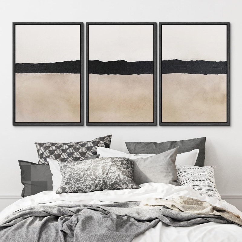 " Minimalist Abstract Black Horizontal Brushstroke " 3 - Pieces on, 24" H x 16" W, Black