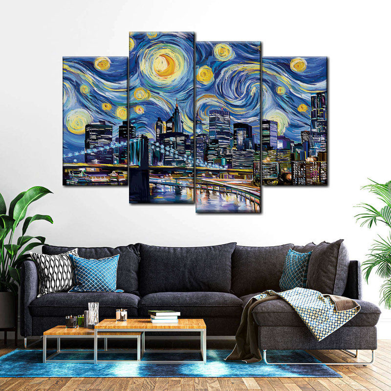Skylines and Cityscapes Abstract NYC on Canvas, 4 pièces, reproduction, H 32 po x l 52 po x P 1 po