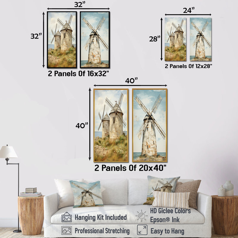«Vintage Windmills At The Beach I - Wind Turbines», ensemble de 2 reproductions d'art mural, Toile tendue, H 28 po x l 25 po