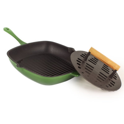 Neo 2Pc Cast Iron Set: 11" Grill Pan & With Slotted Steak Press, Oyster