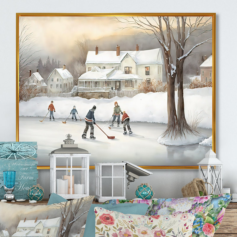 Enfants jouant au hockey en hiver III - peinture sur toile, Cadre flottant doré, H 30 po x l 40 po x P 1,5 po