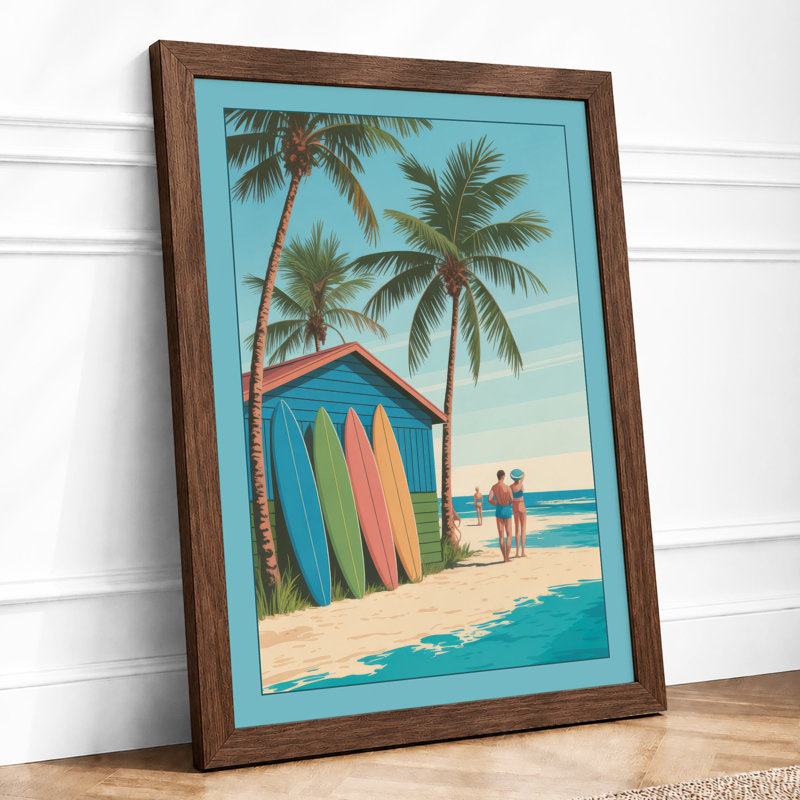 Turquoise Beach Hut Coastal - Framed Print, A2 - 59.4 x 42.0 cm, Walnut