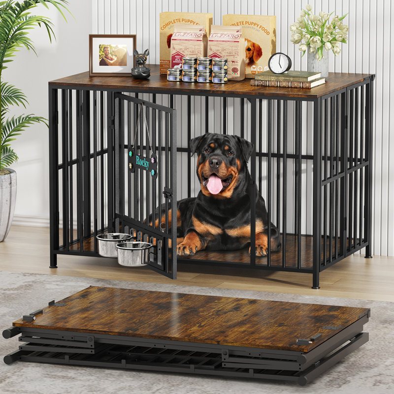 Large Foldable Dog Crate Furniture, Assembly-Free Dog Crate With Adjustable Bowls And Name Tag For Small, Medium, Large Dog