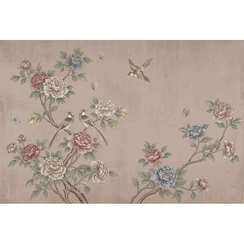Papier peint chinois, pivoines, oiseaux, 100 po x 96 po, Peler et coller
