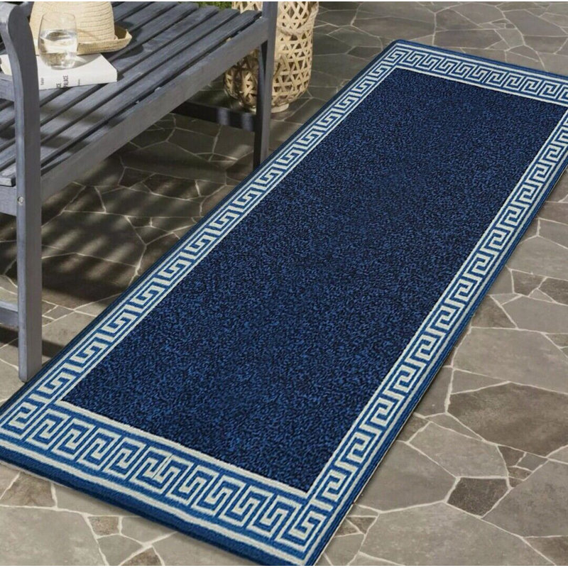 Plain Rug with Greek key Bordered Gel backed Rug Allorah Blue/Cream Rug, Rectangle 66 x 120cm
