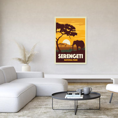 Serengeti Sunset Safari Abstract Contemporary Elephant Giraffe Landscape Sunrise Wall Art Print