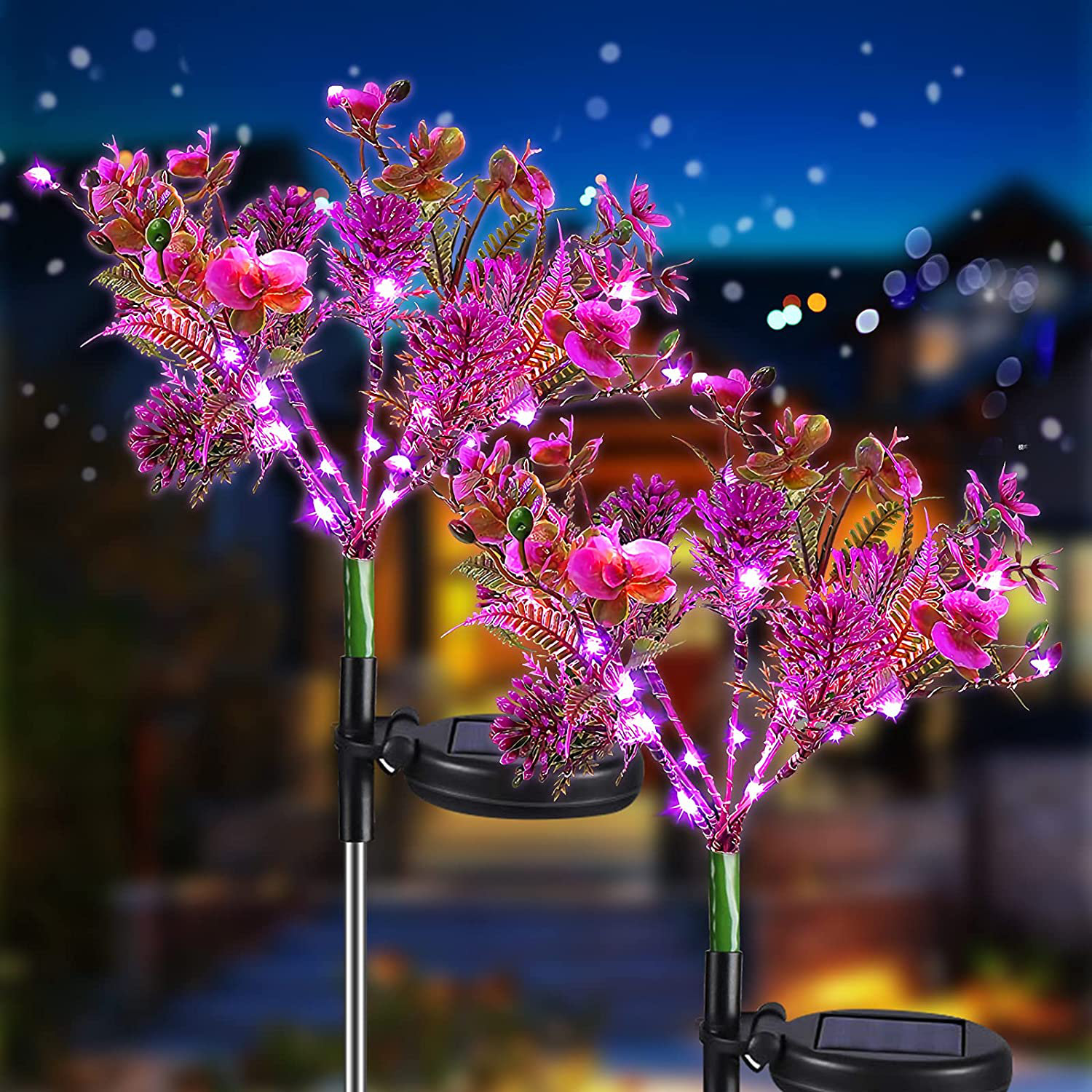 2 Pack Solar Fairy Lights Waterproof Multi-Color Solar Powered Garden  Lights, Solar Flower Lights with 20 Cherry Blossom, Bigger Solar Panel for