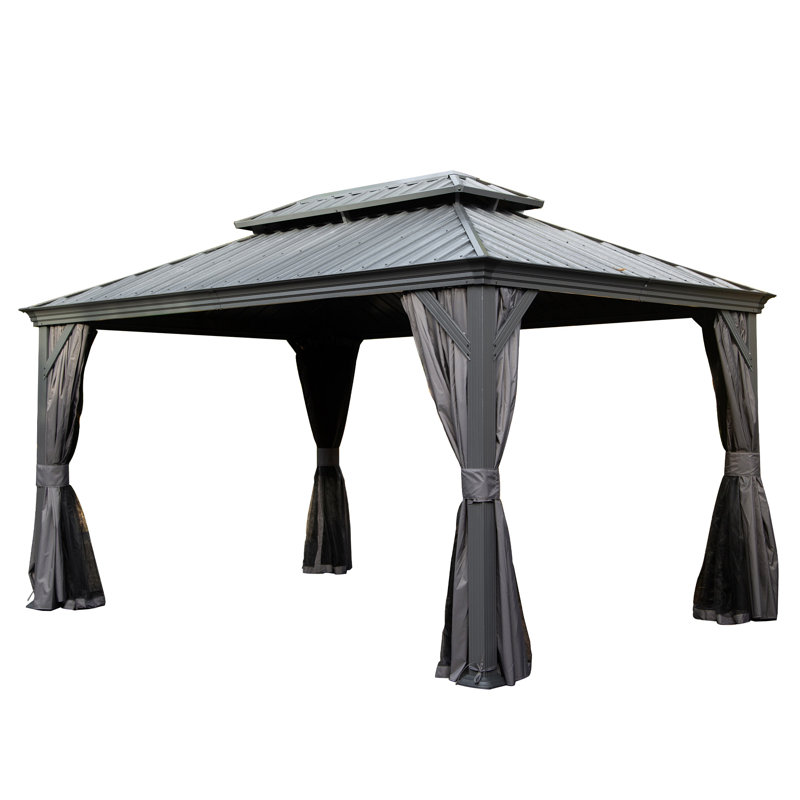 10' X 14' Hardtop Gazebo, Upgraded Metal Gazebo With Drainage System, Dual-Layer Galvanized Steel Roof, Curtain And Netting, Outdoor Shelter Canopy For Patio, Garden, And Backyard, Grey