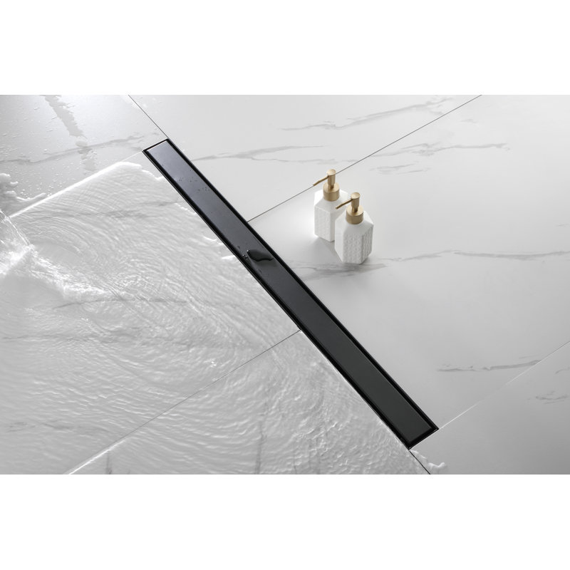 Caniveau de douche linéaire, 91 cm (36 po), acier inoxydable 304, noir mat, design décalé, couvercle réversible, avec pattes de nivellement