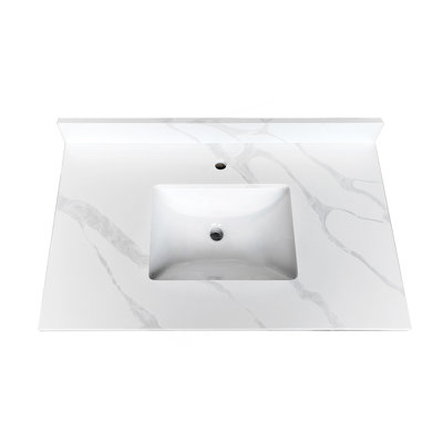 Plateau de meuble-lavabo en quartz de 37 po, lavabo central encastré à simple cuve de 3/4 po d'épaisseur, dosseret de 4 po de hauteur, 1 trou de robinet pré-percé, résistant aux taches et à la chaleur, quartz blanc de Carrare avec veines
