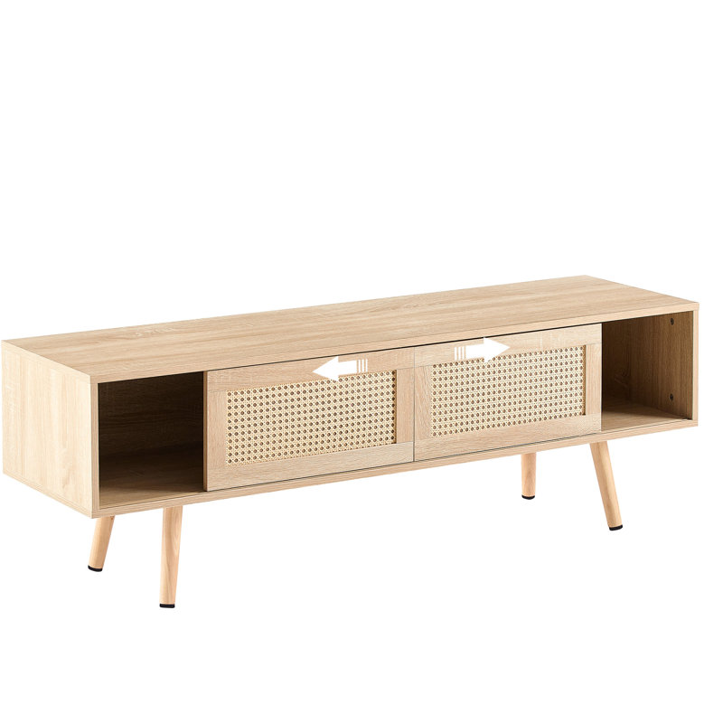 Woven Tv Cabinet, 54.68" Length, Double Sliding Doors, Adjustable Shelf, Solid Wood Legs, For Living Room Style Console, Legs Usual Need