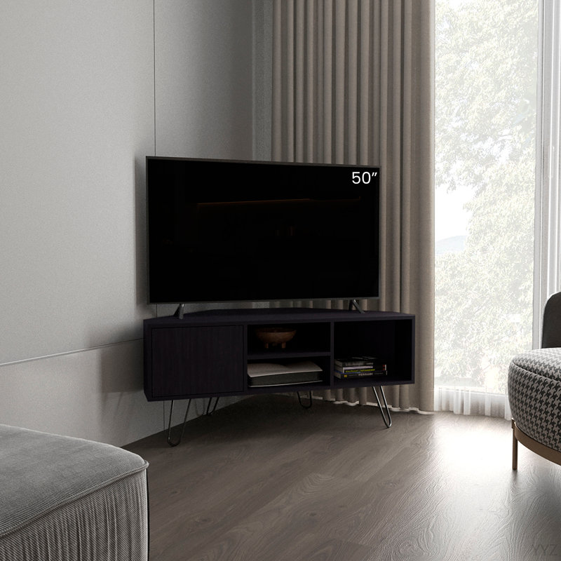 Meuble télé d'angle avec deux tablettes et deux armoires, noir