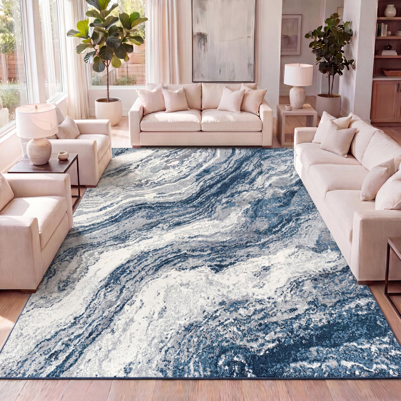Tapis bleu marine / crème Olvin, Rectangle de 5 pi x 8 pi