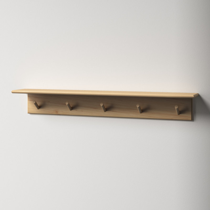 Shea Poplar Solid Wood Floating Shelf with Hooks, Natural