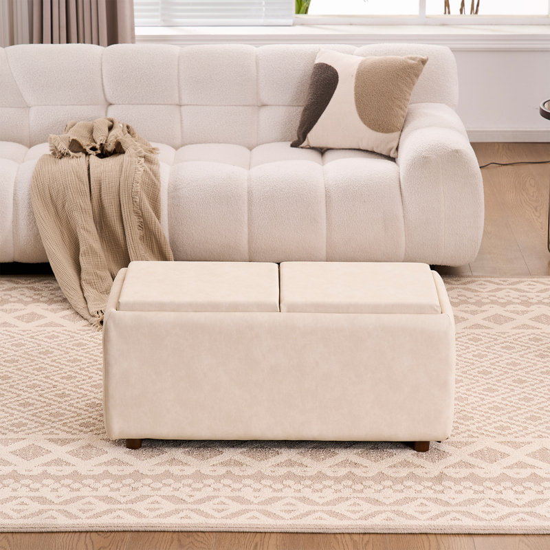 Repose-pieds rectangulaire avec rangement de 35 po avec plateau, table basse avec rangement, grand tabouret rembourré avec plateau amovible pour le salon