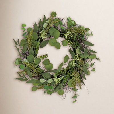 22 inch Artificial Spring Wreath with Eucalyptus Leaves, Baby's Breath, Flowing Green Stems